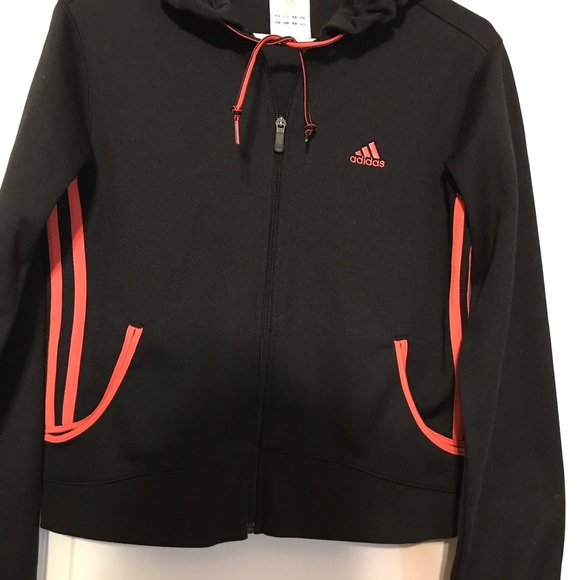 Adidas Zip up hooded black sweatshirt with orange stripe, size medium petite - Picture 2 of 8